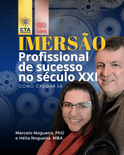 Engrenagens sobre fundo azul, foto dos professores Marcelo e Hélia, com os dizeres "Imersão Profissional de Sucesso no Século XXI"